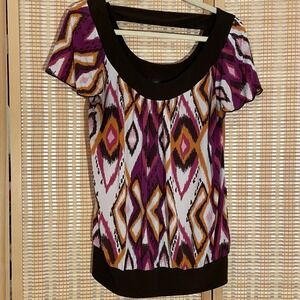 AGB Womens L Multicolor Geometric Southwestern Short Sleeves Round‎ Neck Silky